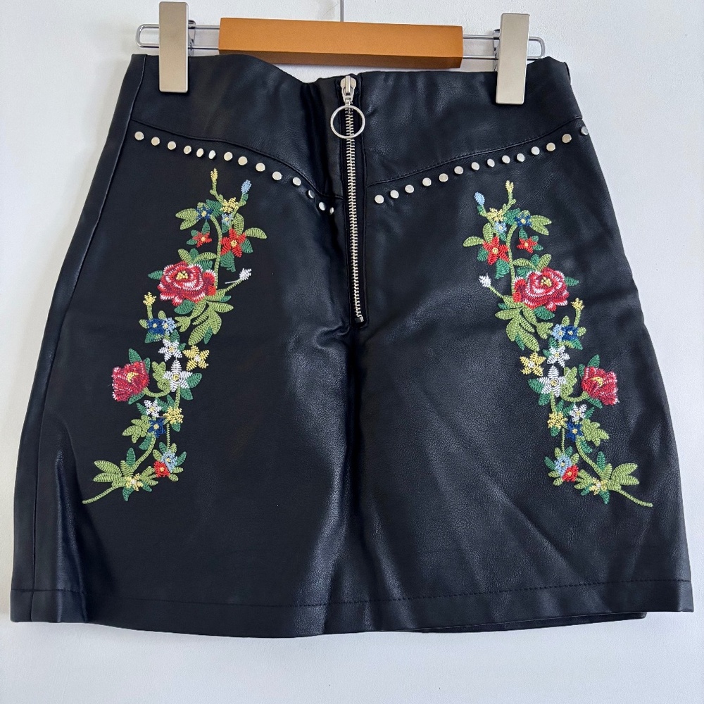 Faux Leather Embroidered Skirt